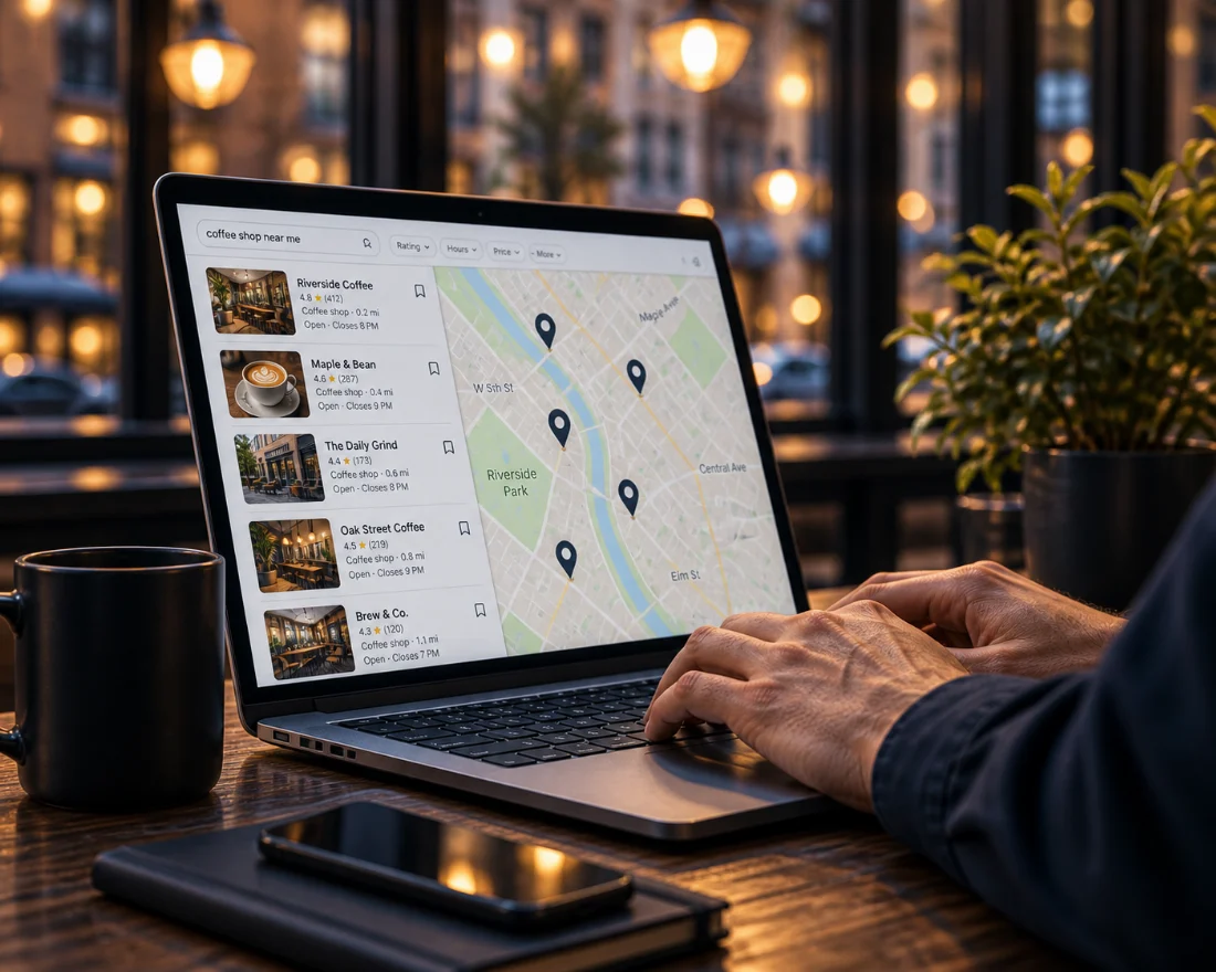A strategist reviewing local search visibility and map performance for a business website